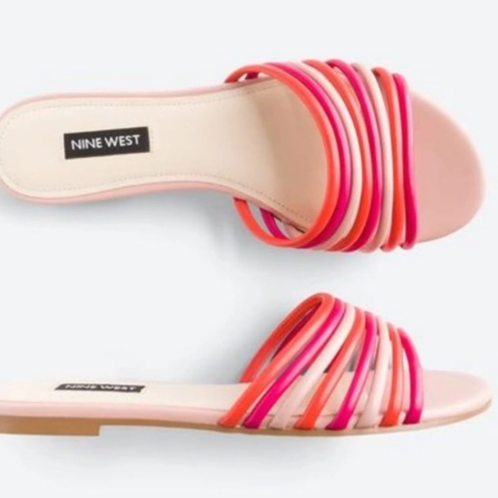 Nine West Pink Orange Red Multi Strap Links Flat Slide Sandals Women's Size 9M